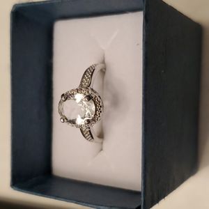 Oval Clear Crystal Halo Ring in Sterling-Tone Silver